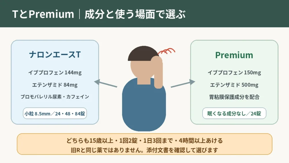ナロンエースTとプレミアムの有効成分、眠くなる成分、包装の違いを頭痛時の選択肢として比較した図解