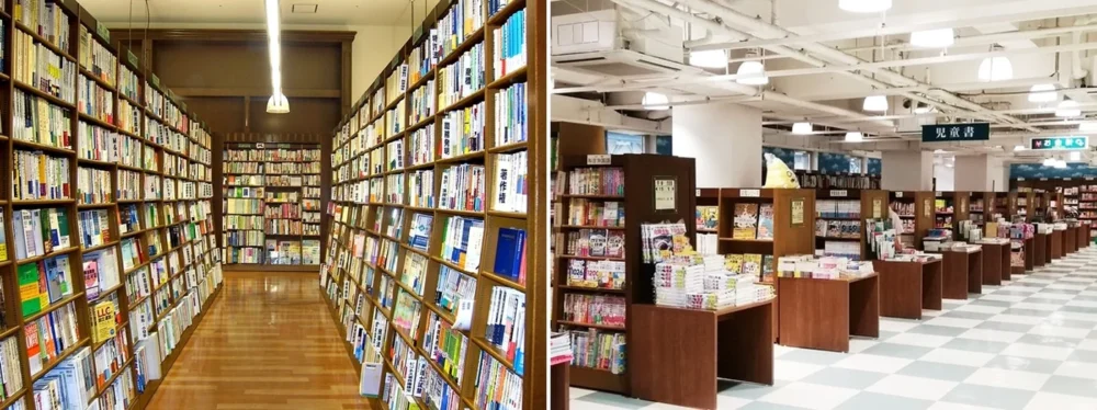 ジュンク堂書店三宮店の店内。本棚が並ぶ通路と児童書売り場の公式写真