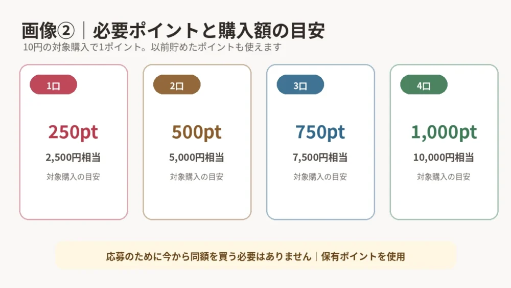 1口250ポイント、最大4口1,000ポイントと購入額の目安